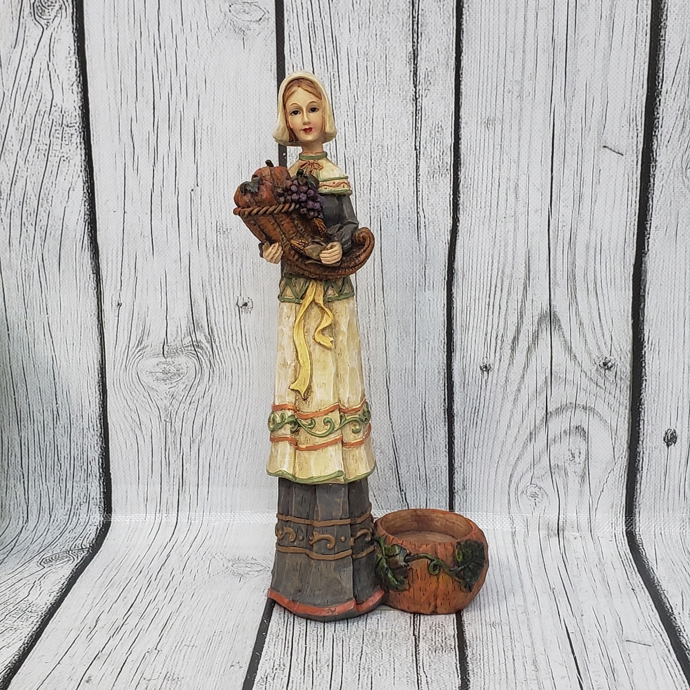 Harvest Time Hand Painted Resin Pilgrim Figurines Tealight Candle Holder